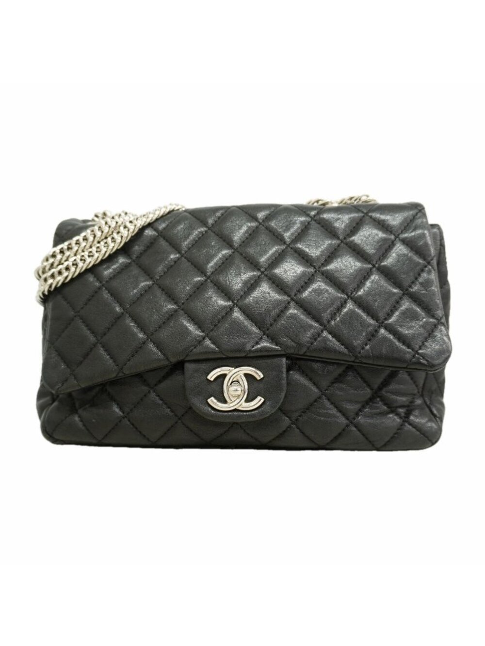 Chanel Shoulder Bag Maxi Quilted Leather Black Silver